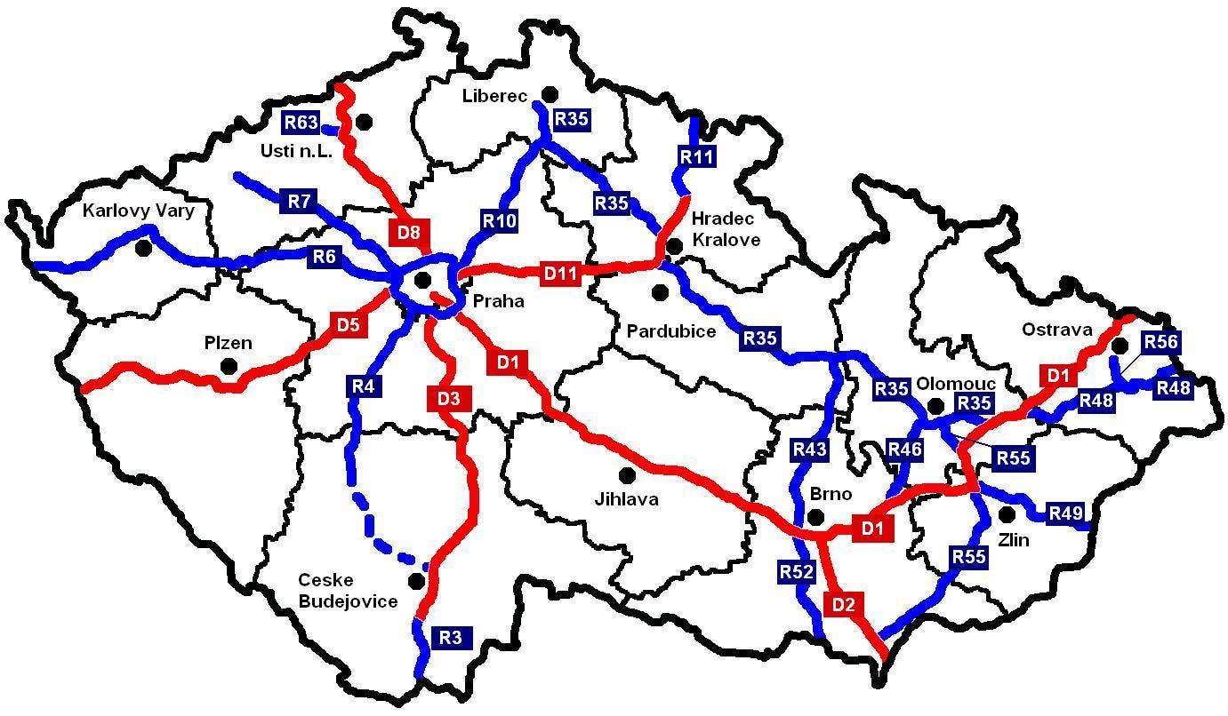 Mappa delle strade soggette a pedaggio in Repubblica Ceca