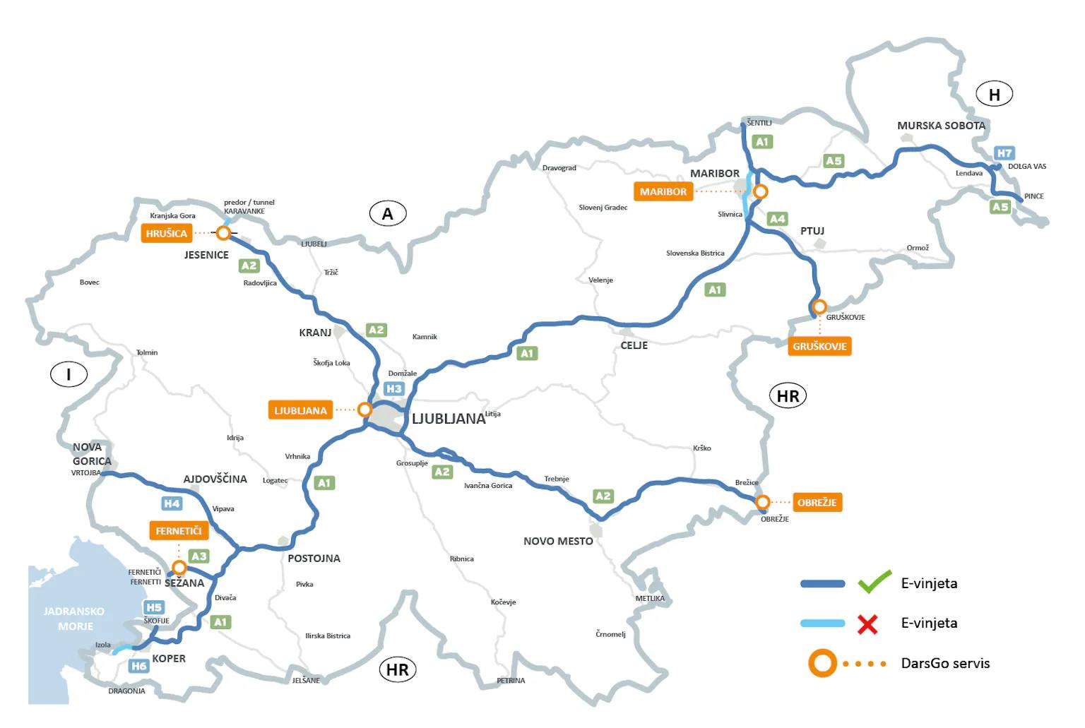 Kaart met tolwegen Slovenië