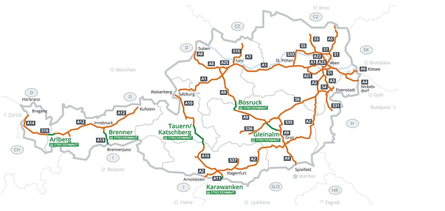 Mappa delle strade a pedaggio in Austria.