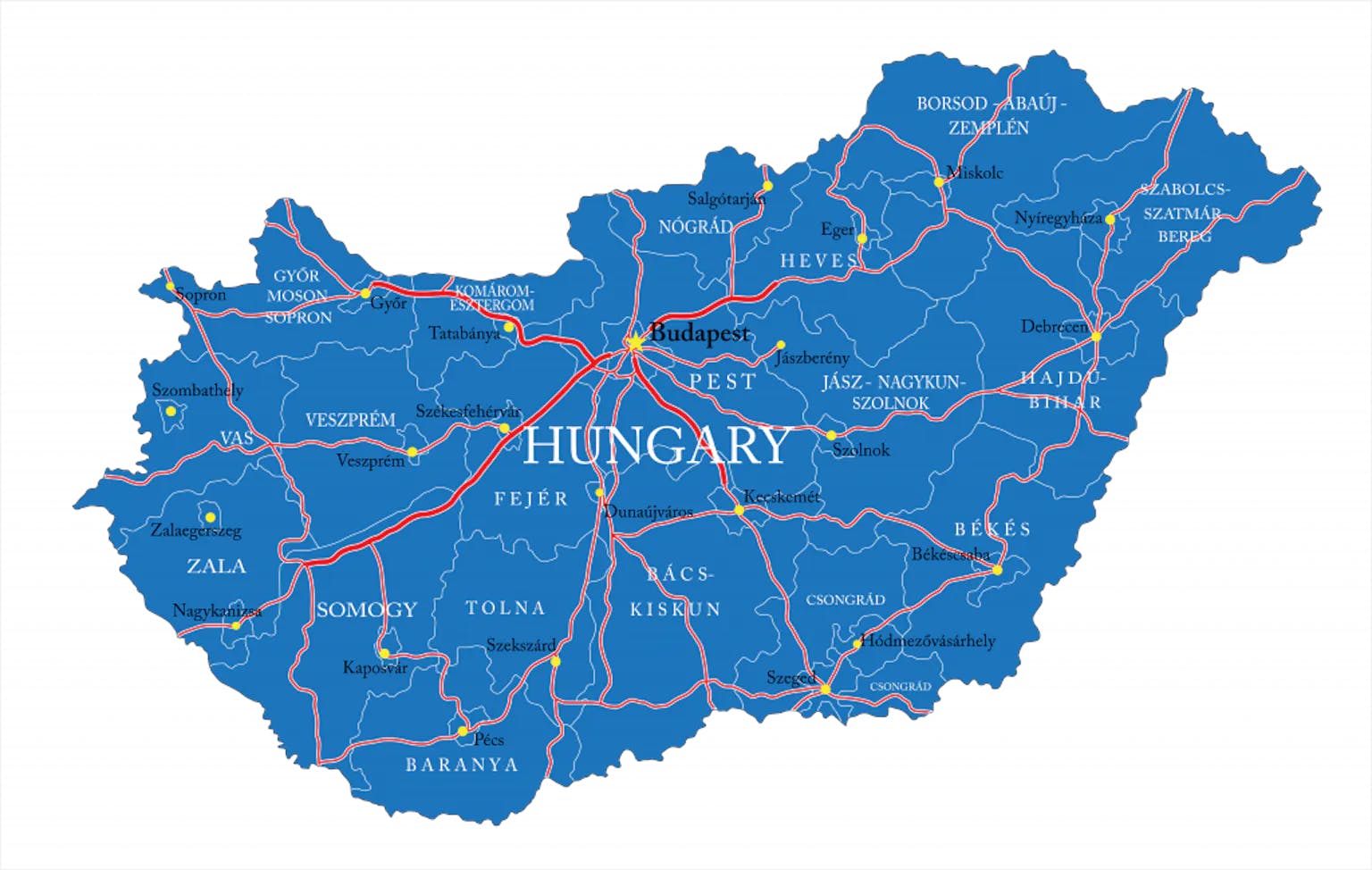 La mappa delle strade a pedaggio in Ungheria mostra esattamente la loro posizione geografica.