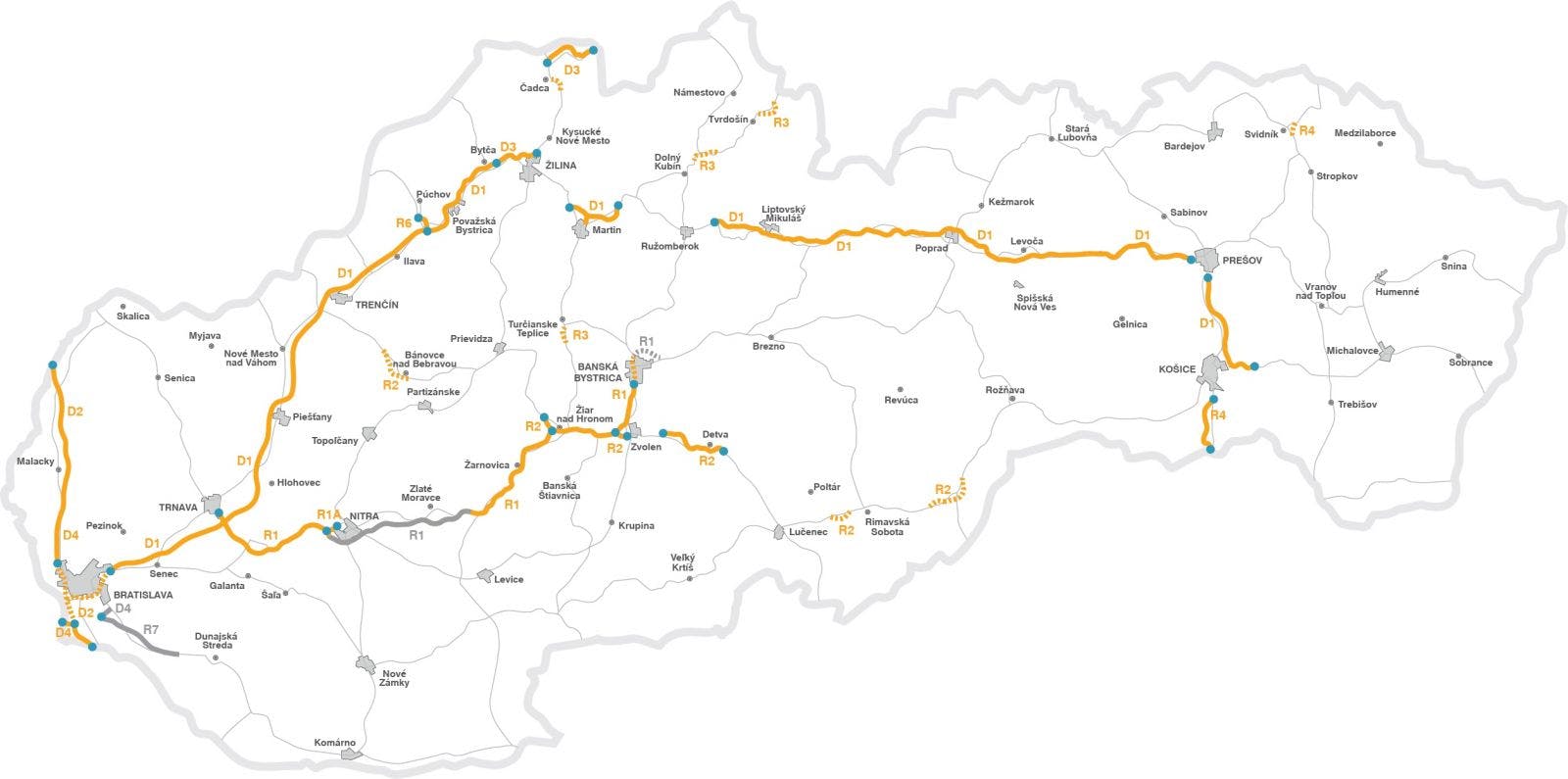 La mappa fornisce una panoramica delle strade a pedaggio in Slovacchia.
